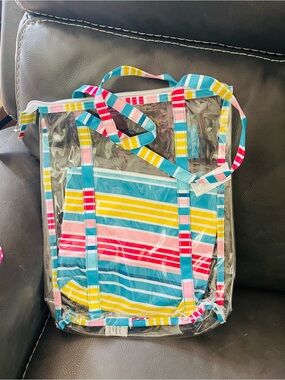 Clear Vinyl Beach Tote with Insert Bright Multi-Color Stripes